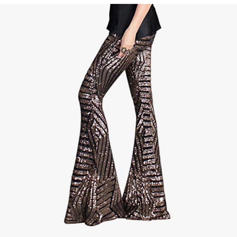 Gold and Black Sequin Flare Pants